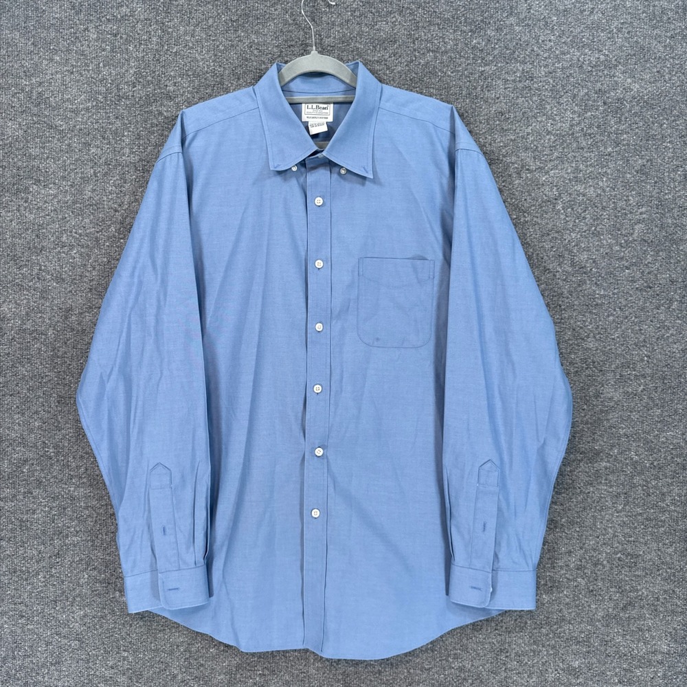 L.L Bean Button Down Shirt Men 17-35 Blue Slightly Fitted Cotton Long Sleeve
